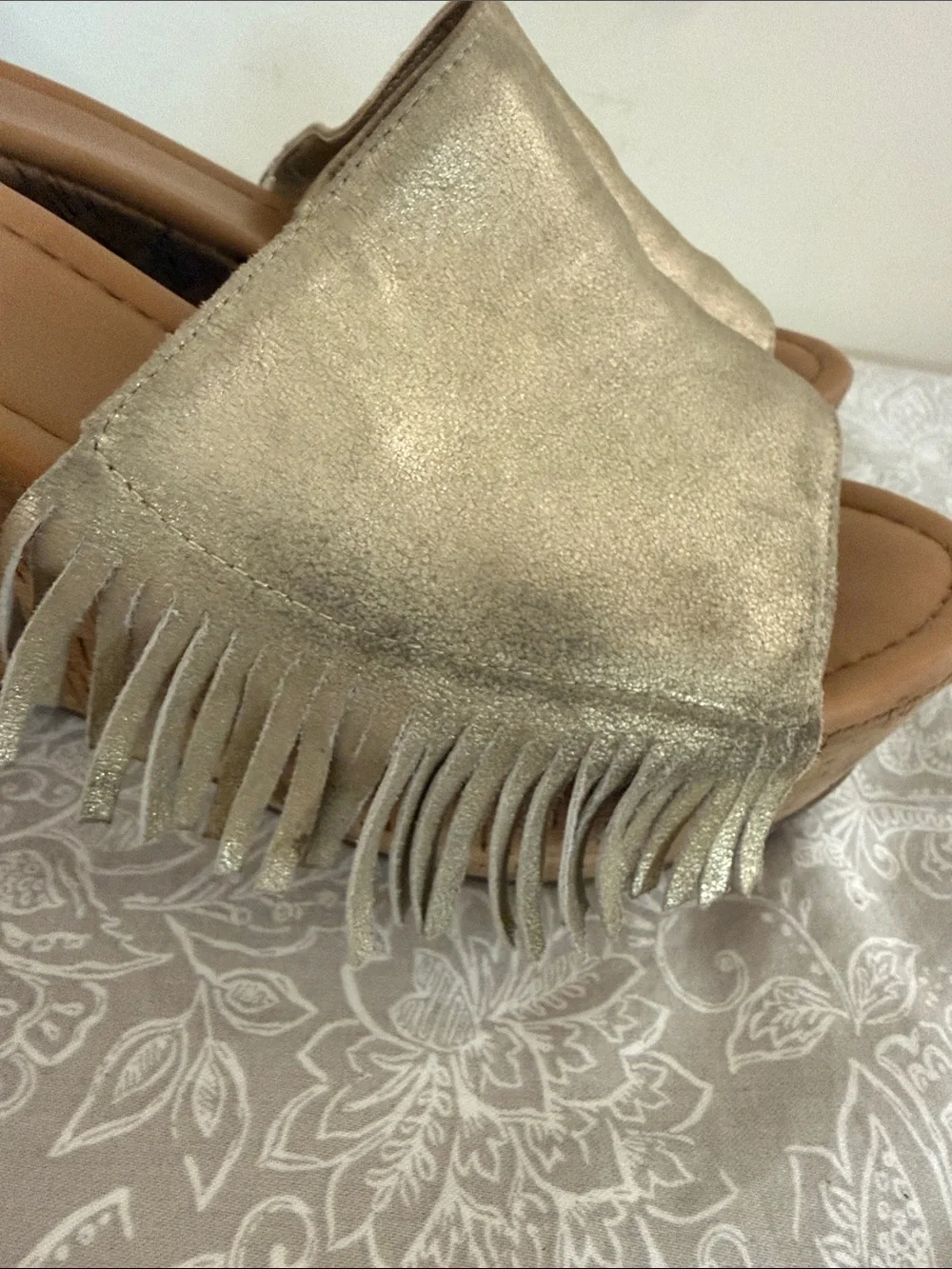 Marc Fisher Metallic Gold Fringe Cork Wedge Slides